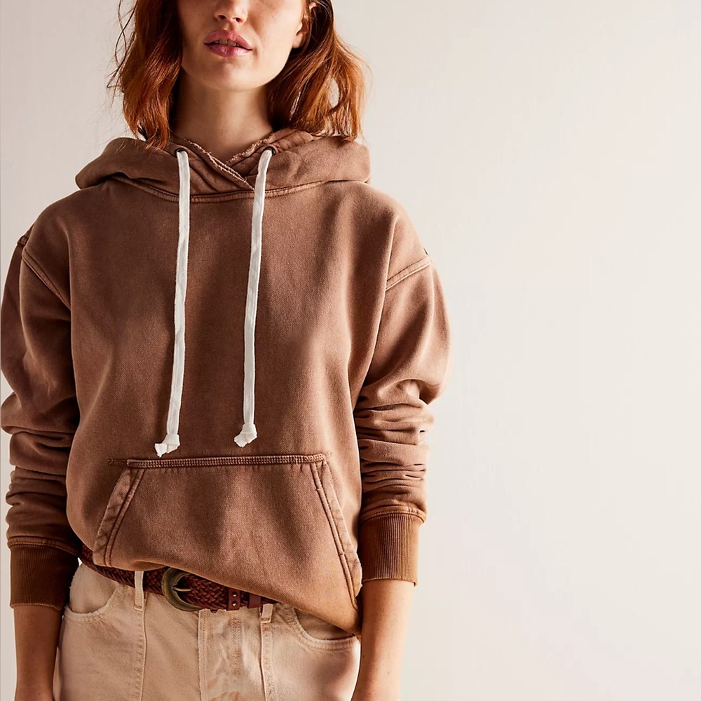 Free People We The Free Zuma Light Brown Hooded Raw Hem Pullover Sweatshirt